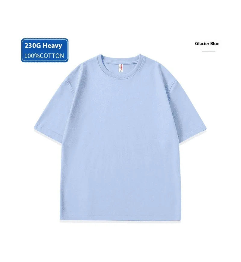 Heavy cotton loose fit t-shirt on a hanger, shown in a solid colour with short sleeves.