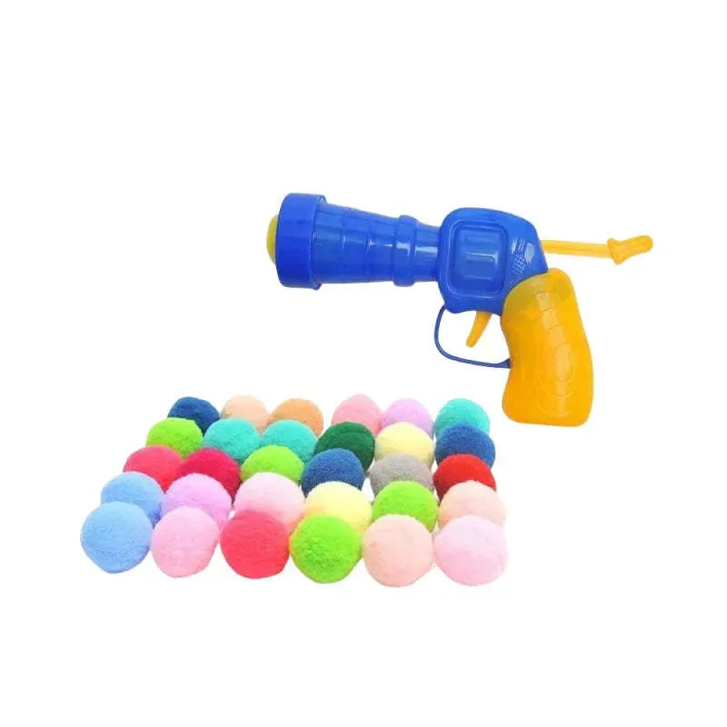 Plush ball shooter gun pet toy with multiple yarn balls for interactive fetch games