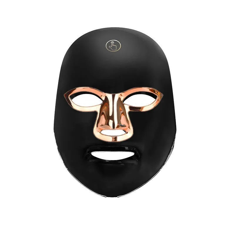 Rechargeable manual touch LED beauty mask in black, white, or rose gold accents on a white background