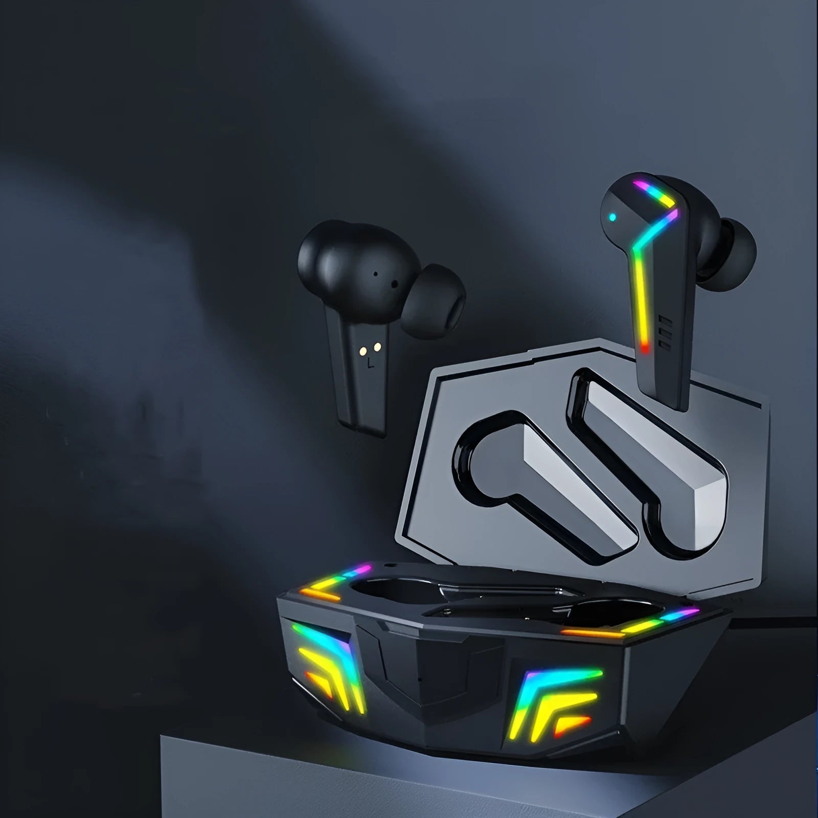 Black wireless sports Bluetooth headset with earplug design on a plain background.