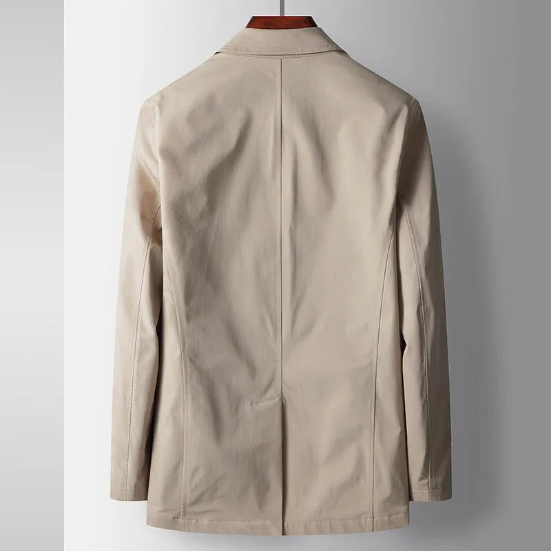 Men's light luxury double-breasted trench coat in blue, slim fit, lapel collar for casual wear