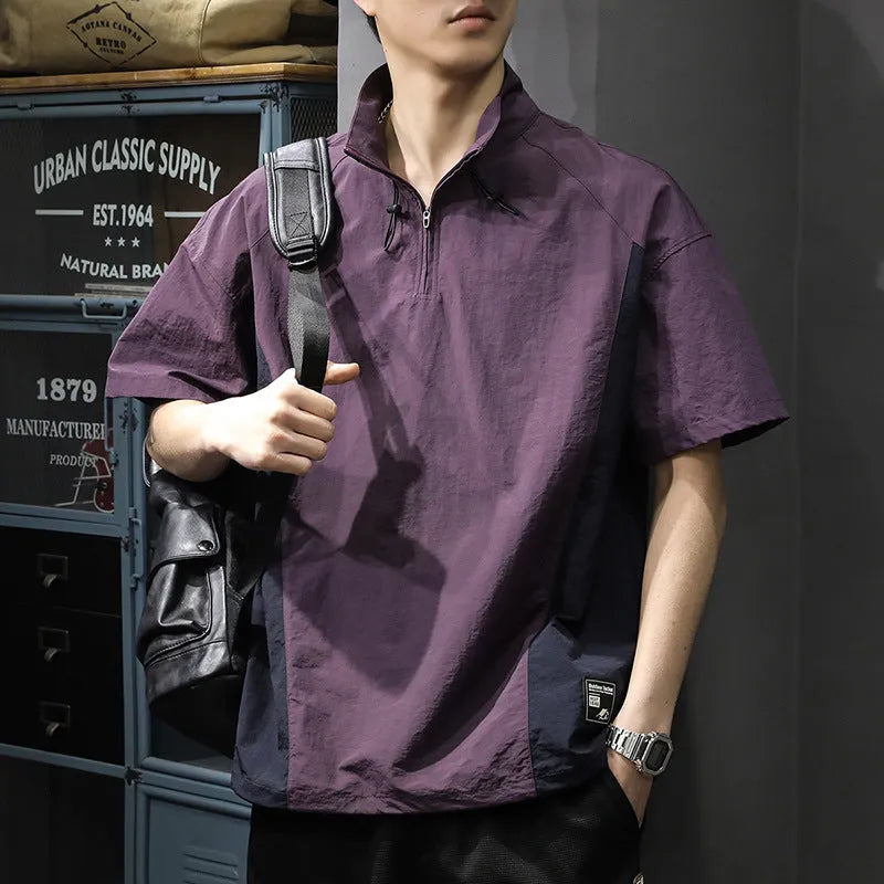 Brown men's half-zip casual shirt with stand collar and short sleeves showing ice silk fabric texture