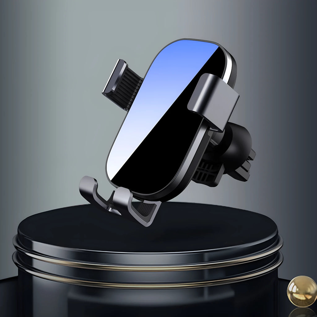 Black sucker car phone holder with USB cable attached to a dashboard for mobile phone charging and mounting