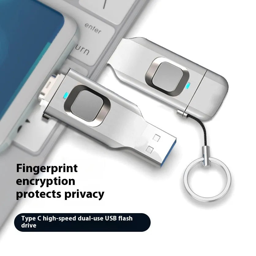 Black fingerprint encrypted USB flash drive showing USB 3.0 and Type-C connectors