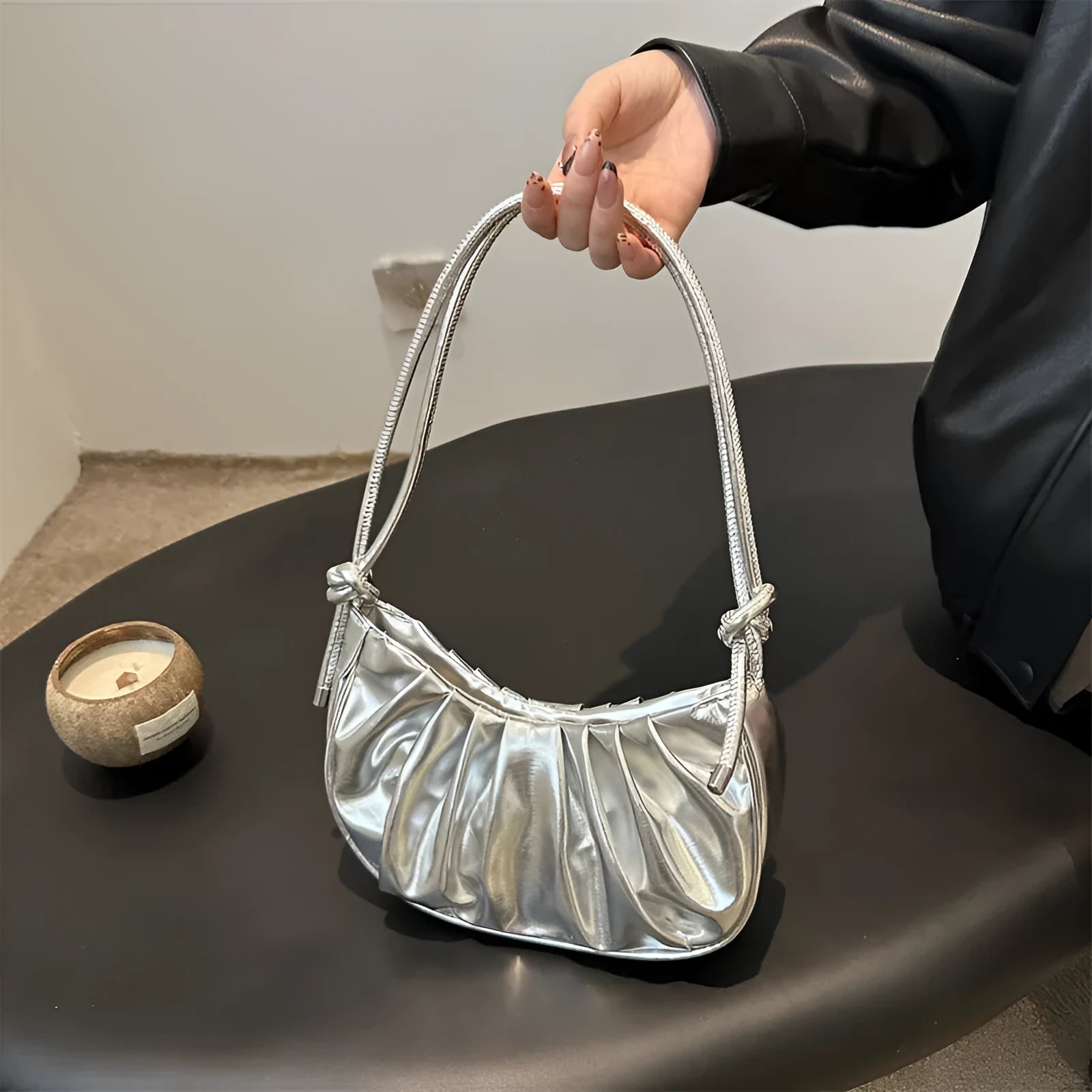 Soft black polyester Korean style messenger bag with a horizontal square shape and sandwich pocket.