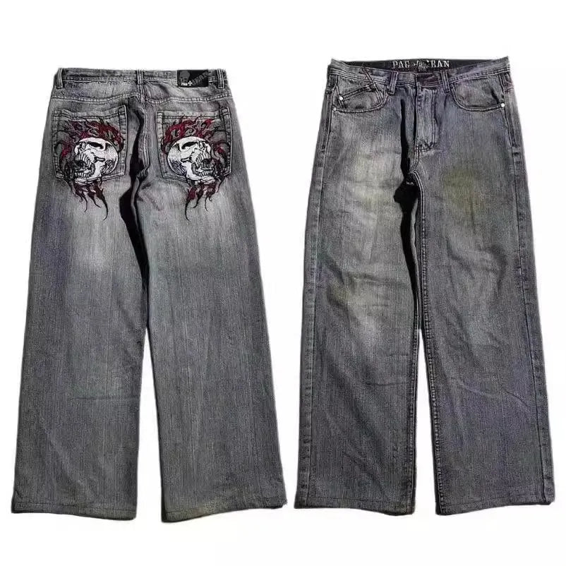Grey washed-out men's wide-leg jeans with a straight cut on a neutral background.