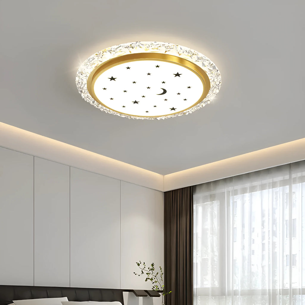 Modern round white metal LED ceiling light with remote control on a white background.