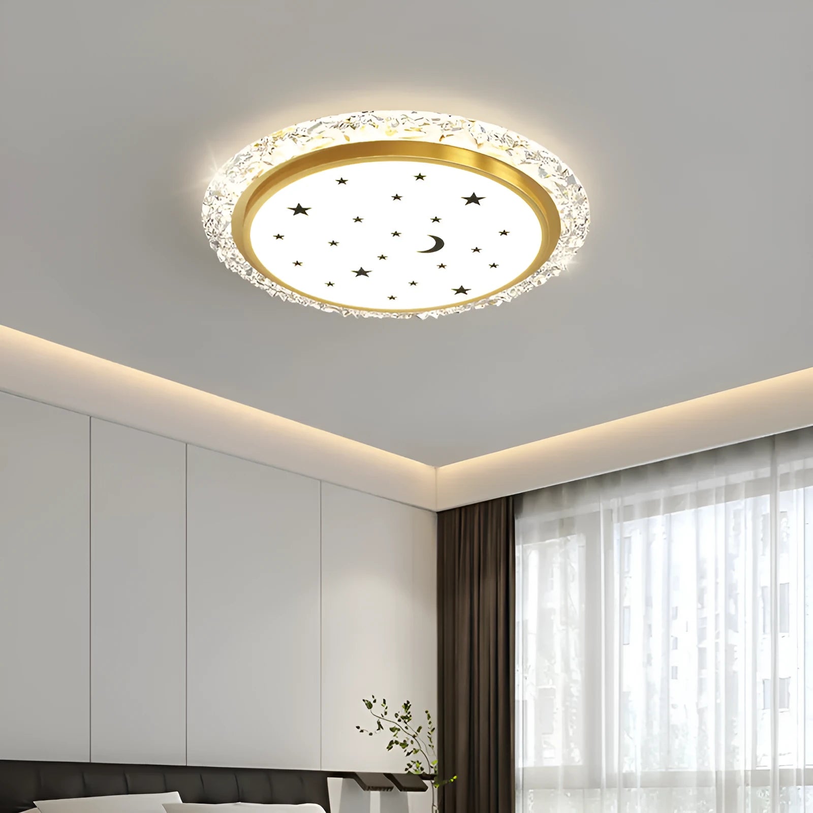 Modern round white metal LED ceiling light with remote control on a white background.