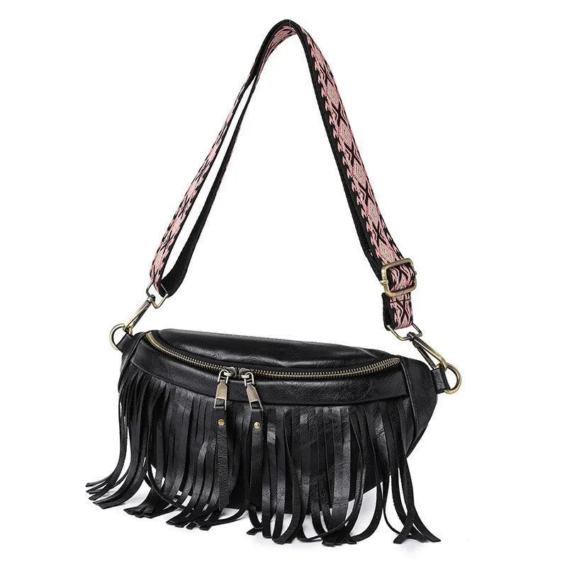 Retro-style pleated messenger crossbody bag in PU leather with a tassel, shown in macaron-gray.
