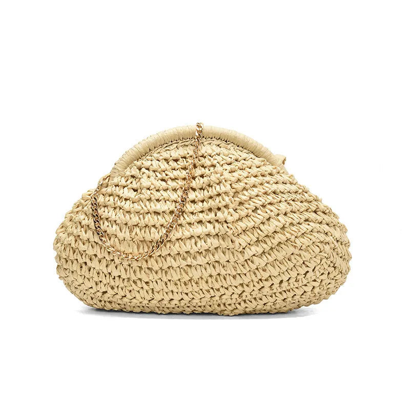Women's straw beach shoulder bag in khaki colour with chain accent detail