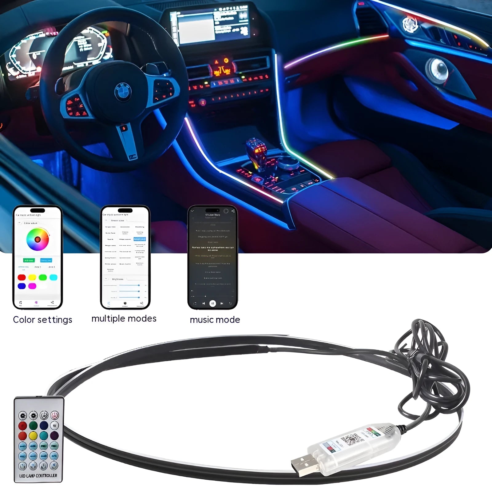 Car interior ambient LED lighting strip with remote control for colour customisation