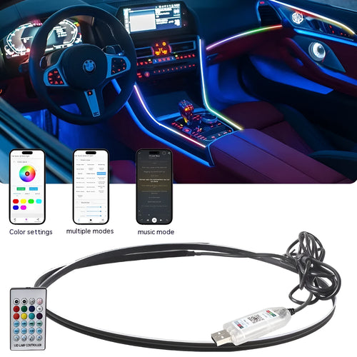 Car interior ambient LED lighting strip with remote control for colour customisation