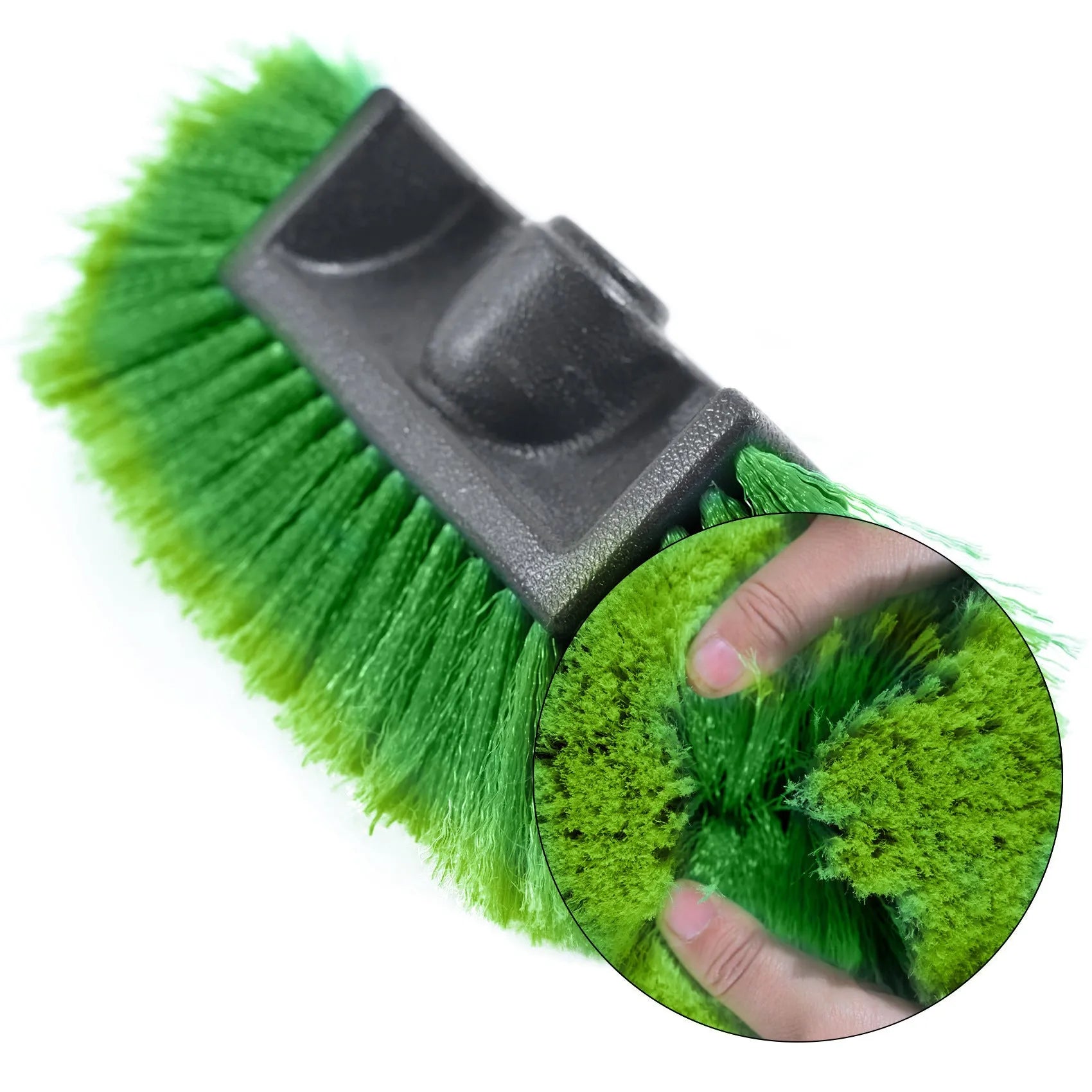 Portable car wash brush with telescopic rod and removable flow-through brush head in multiple colour options