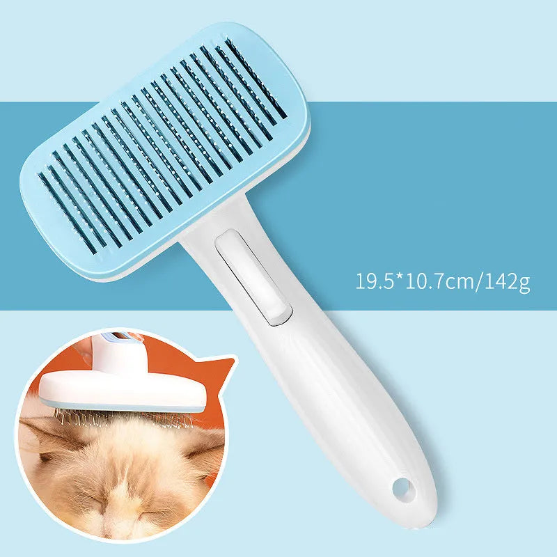 Automatic pet hair removal comb for dogs and cats in blue, grey, green, or pink colour options