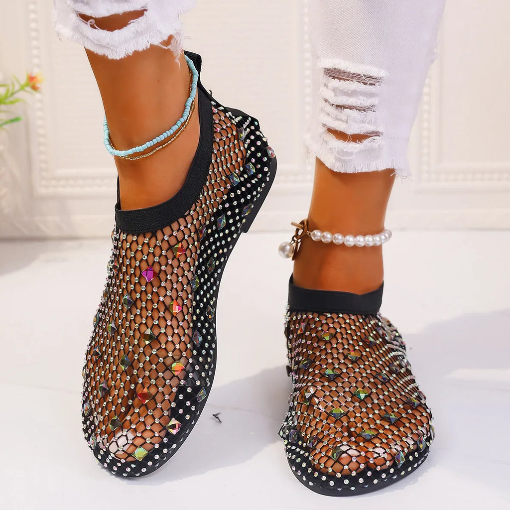 Women's colourful rhinestone flat sandals with mesh upper and rubber sole