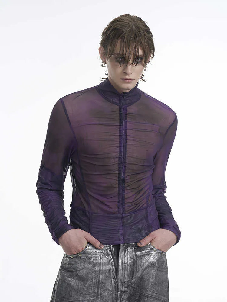 Men's black grey half turtleneck long sleeve t-shirt with mesh fabric and zipper bottom hem detail