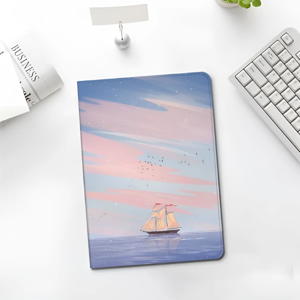 Silicone dreamy painting style sailing cover for Apple iPad book-style case in H248-sailboat colour