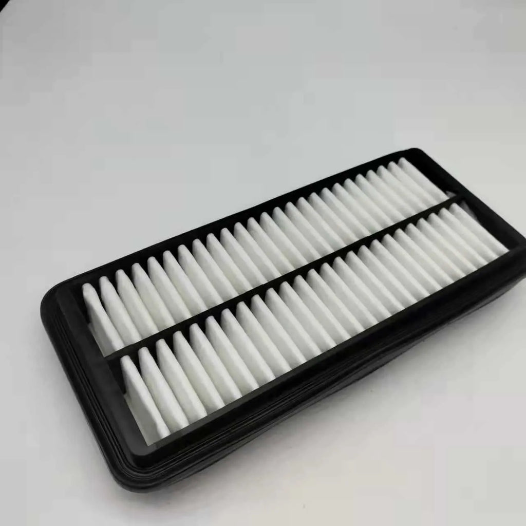 Black rectangular car air filter measuring 256mm by 113mm by 40mm dimensions