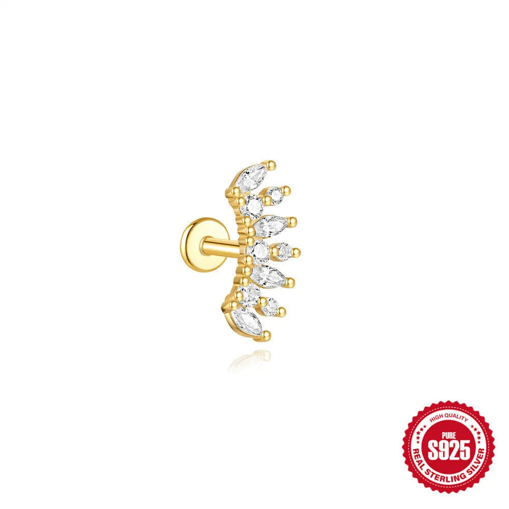 S925 sterling silver water drop shaped earrings with a flat spiral geometric design on a white background.