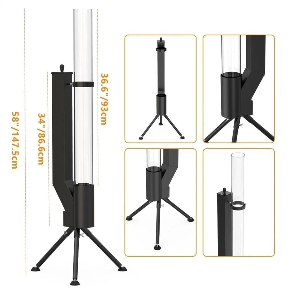 Vertical iron wood burning rocket furnace outdoor heating stove with visible flames