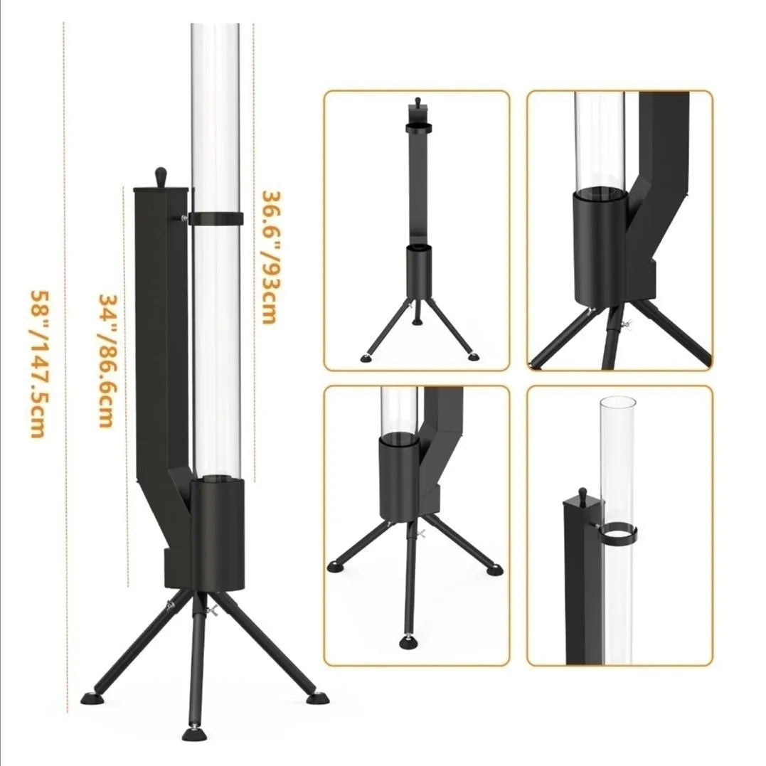 Vertical iron wood burning rocket furnace outdoor heating stove with visible flames