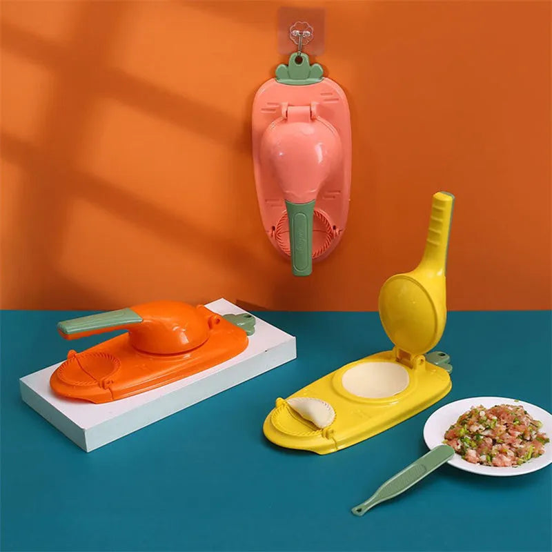 Orange and white plastic dumpling maker tool with ergonomic handle and 2-in-1 design