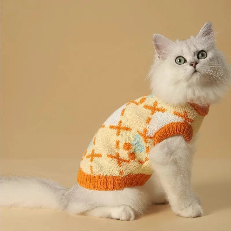 Orange diamond cherry fleece cat sweater for autumn and winter
