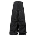 Black multi-pocket pleated workwear jeans in cotton denim fabric