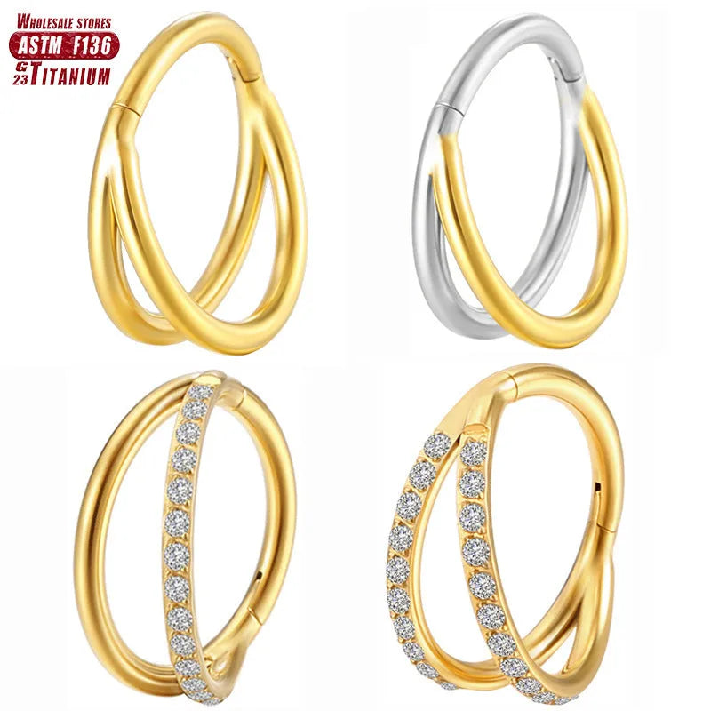 F136 titanium alloy fork nose ring with diamond cut finish in silver colour, on display