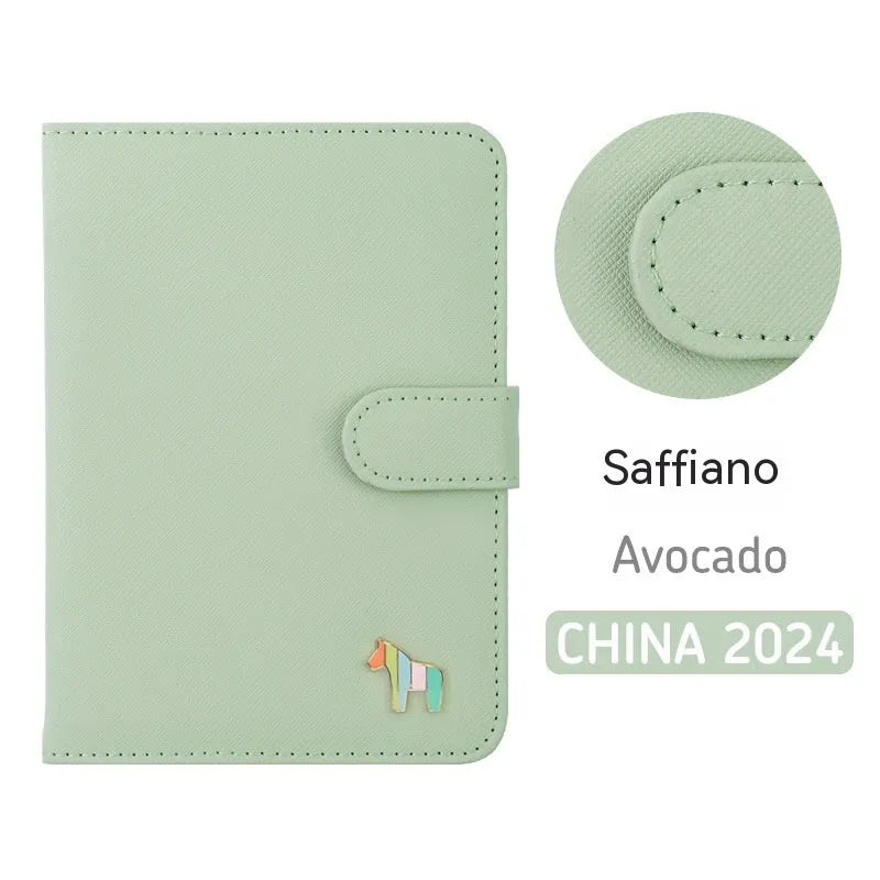 Leather schedule book showing 164x120mm dimensions with 396-day account pages and multiple colour options