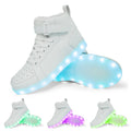 Black high-top LED sneakers with Velcro strap and lit-up soles on a dark background.