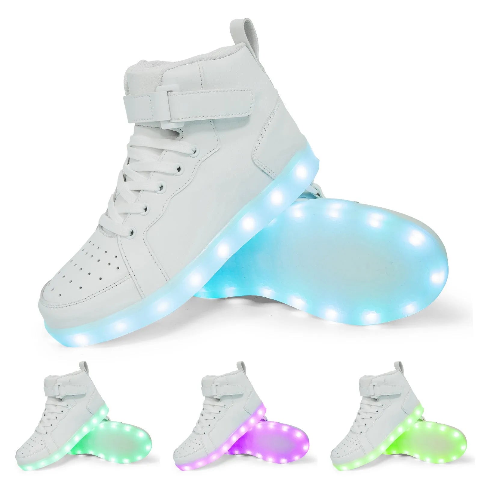 Black high-top LED sneakers with Velcro strap and lit-up soles on a dark background.
