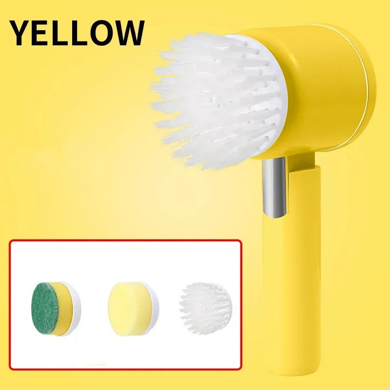 Foldable electric cleaning brush in green with three brush heads and USB charging port
