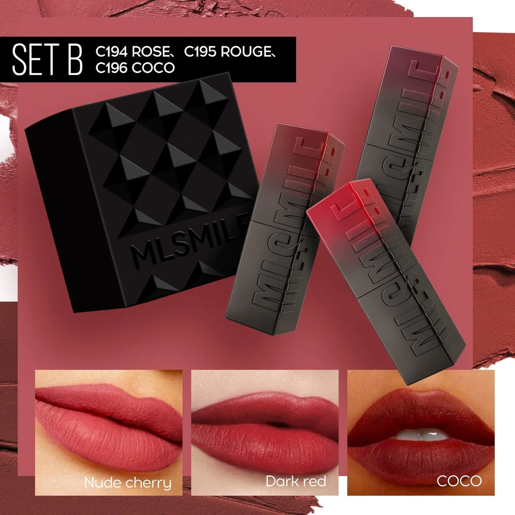 MLSMILE embossed lipstick three piece set showing three tubes in packaging box