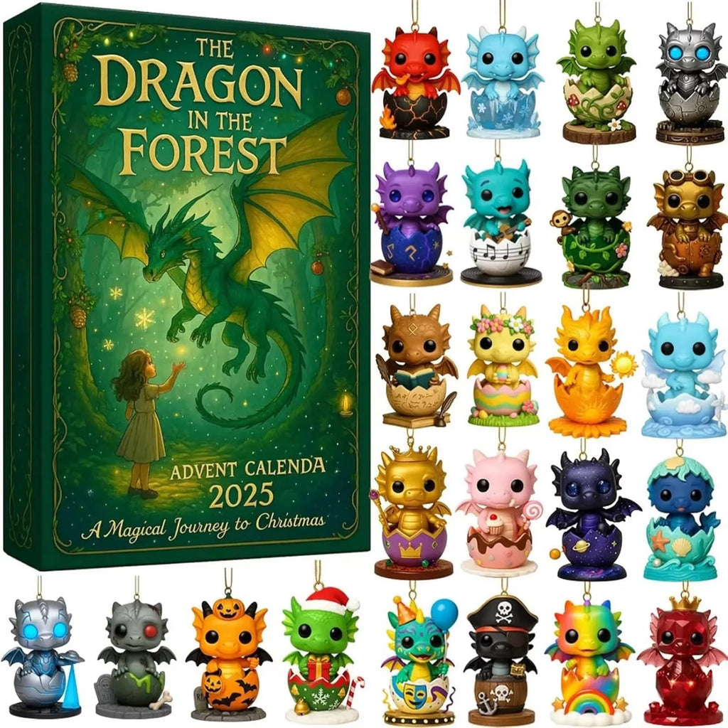 Forest Dragon advent calendar 26x18cm with printed acrylic pendants hanging on a wall