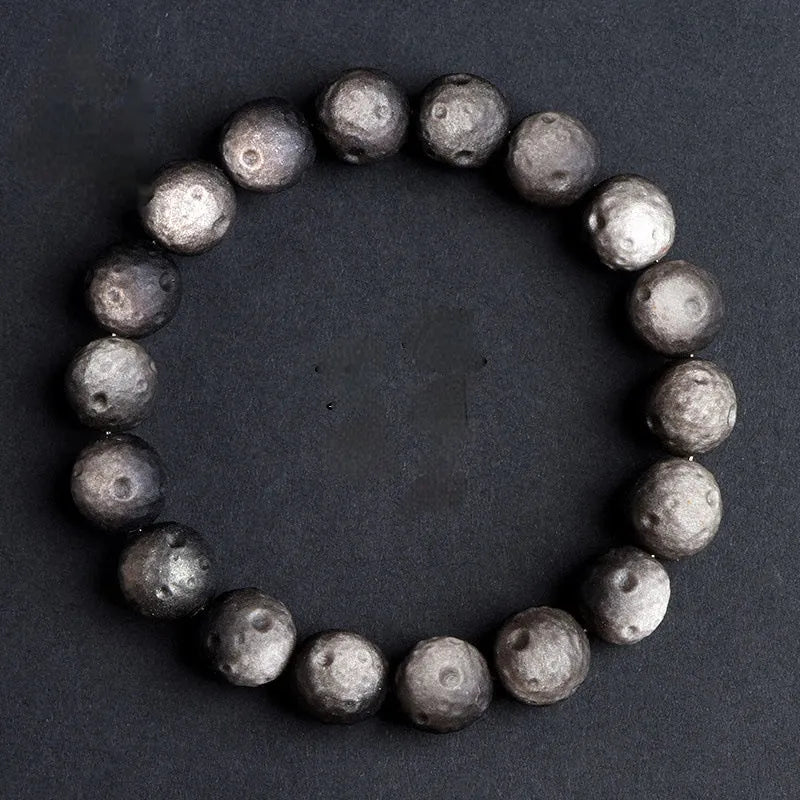 Natural obsidian crater ball bracelet unisex silver stone meteorite finish beaded