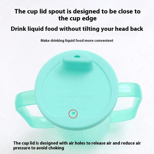 Oblique mouth anti-choke bed care cup with handle and optional wrist splint attachment