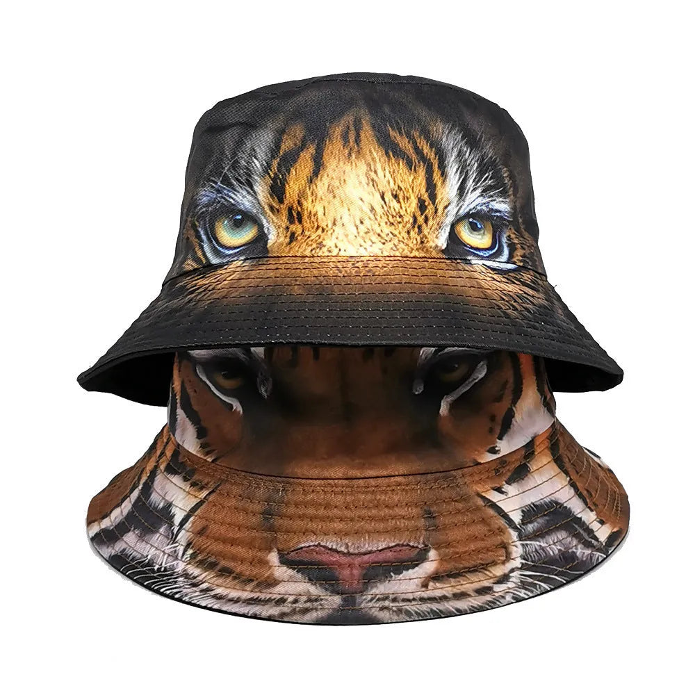 Retro tiger pattern bucket hat with dome crown, polyester, size M 56-58cm, in khaki and black tiger colours