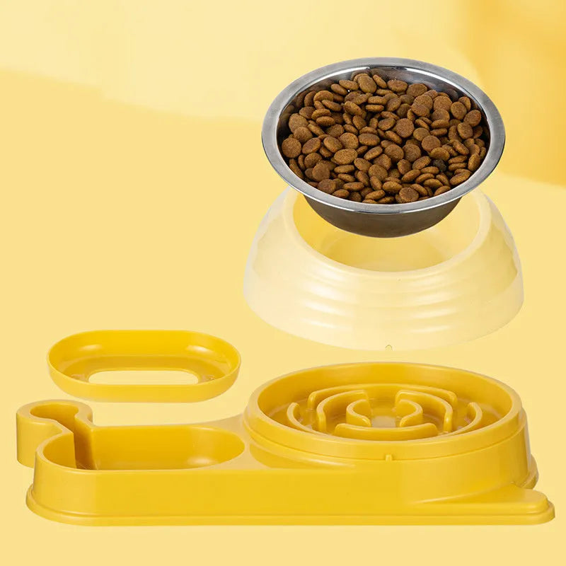 Brown cat food bowl set with elevated bowl and water dispenser bottle on floor