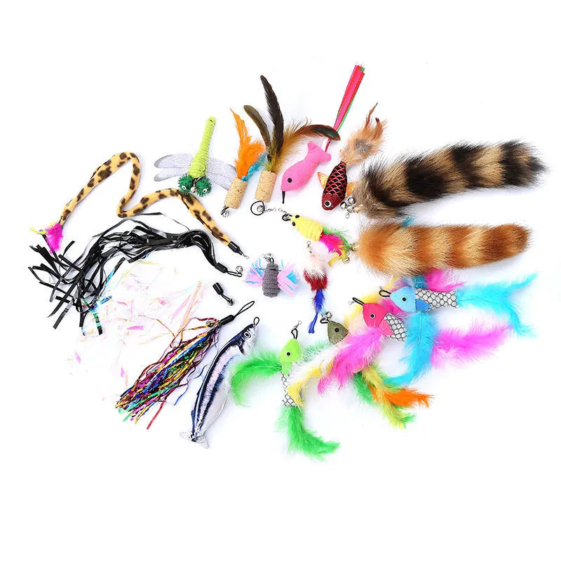 Cat fishing rod toy with feather teaser head and replacement components on blue background