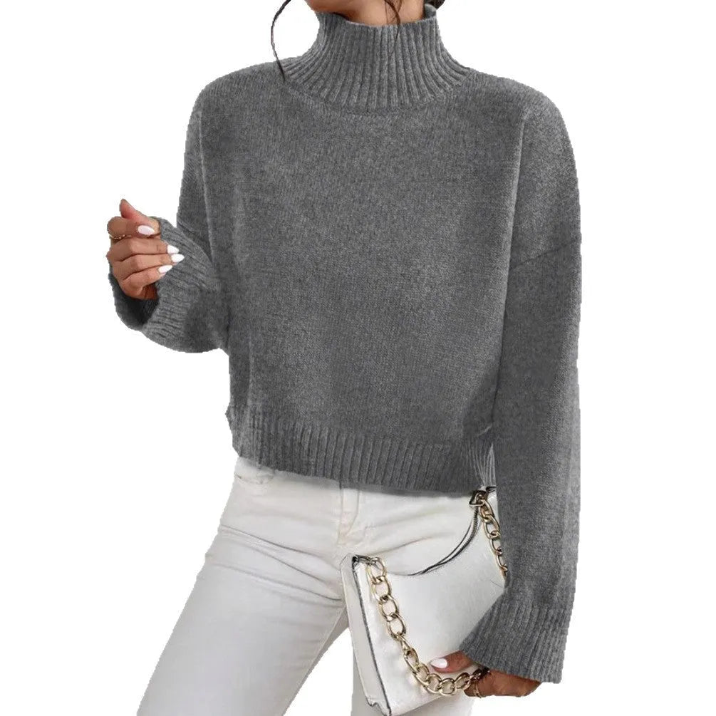 Loose versatile basic pullover for women in grey, round neck, long sleeves, medium thickness