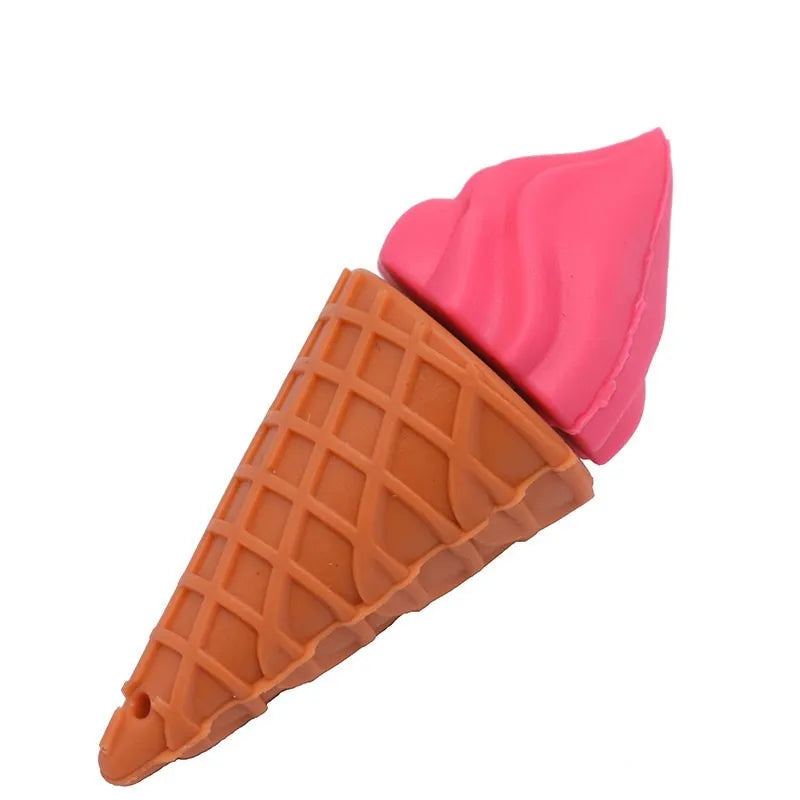 Pink plastic mini ice cream shaped USB flash drive on a white background.