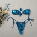 Women's glossy tube top split bikini with gold starfish detailing in sapphire blue