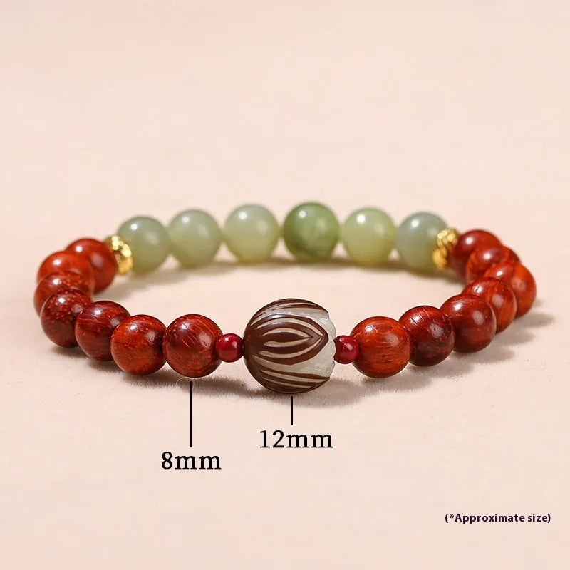 Red rosewood and gray jade Bodhi Lotus bracelet with 8mm beads in geometric design