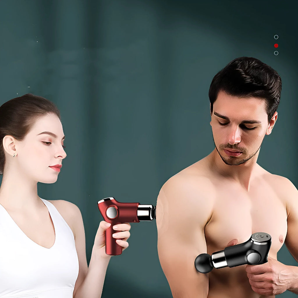 Portable mini fascia gun with touch screen interface and four massage heads in black, grey, green, red colours