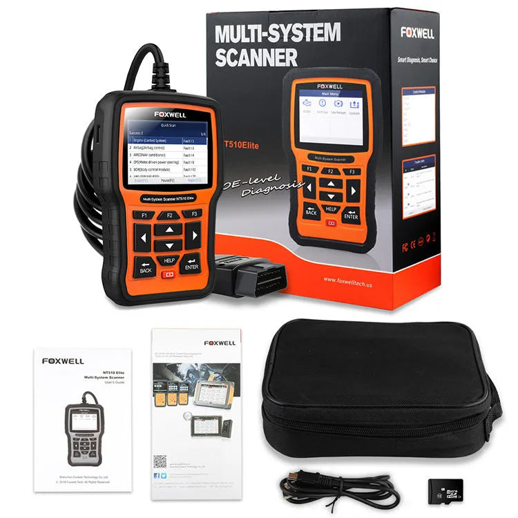 Foxwell NT510 automotive diagnostic tool with orange and black casing and large TFT colour screen