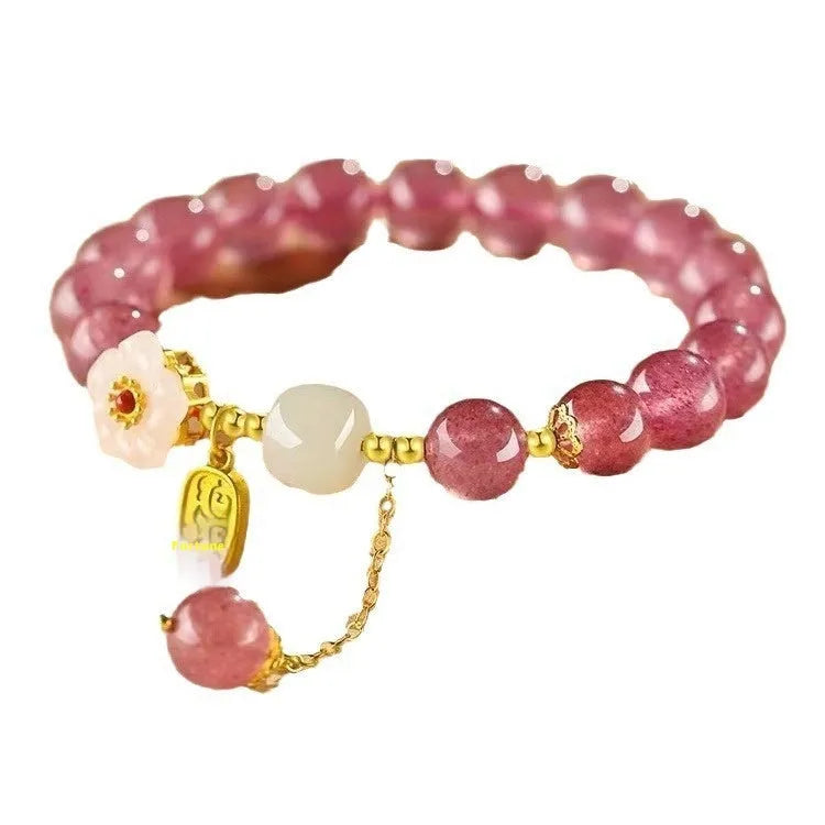 Handcrafted crystal bracelet with Hetian jade, peach blossom stone and strawberry quartz beads in natural design