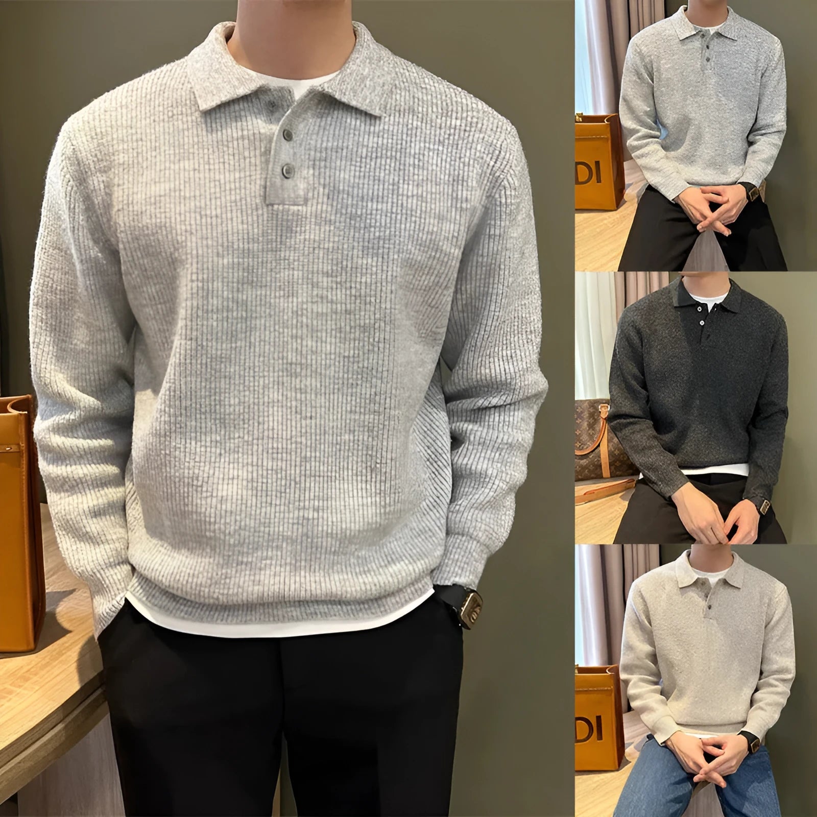 Men's loose fit lapel knitwear sweater in apricot, long sleeves, polyester fibre