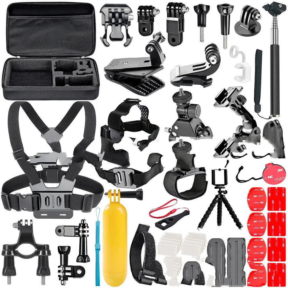 Black Gopro accessories set with chest strap mount, helmet mount and tripod compatible with Hero cameras and iPhones