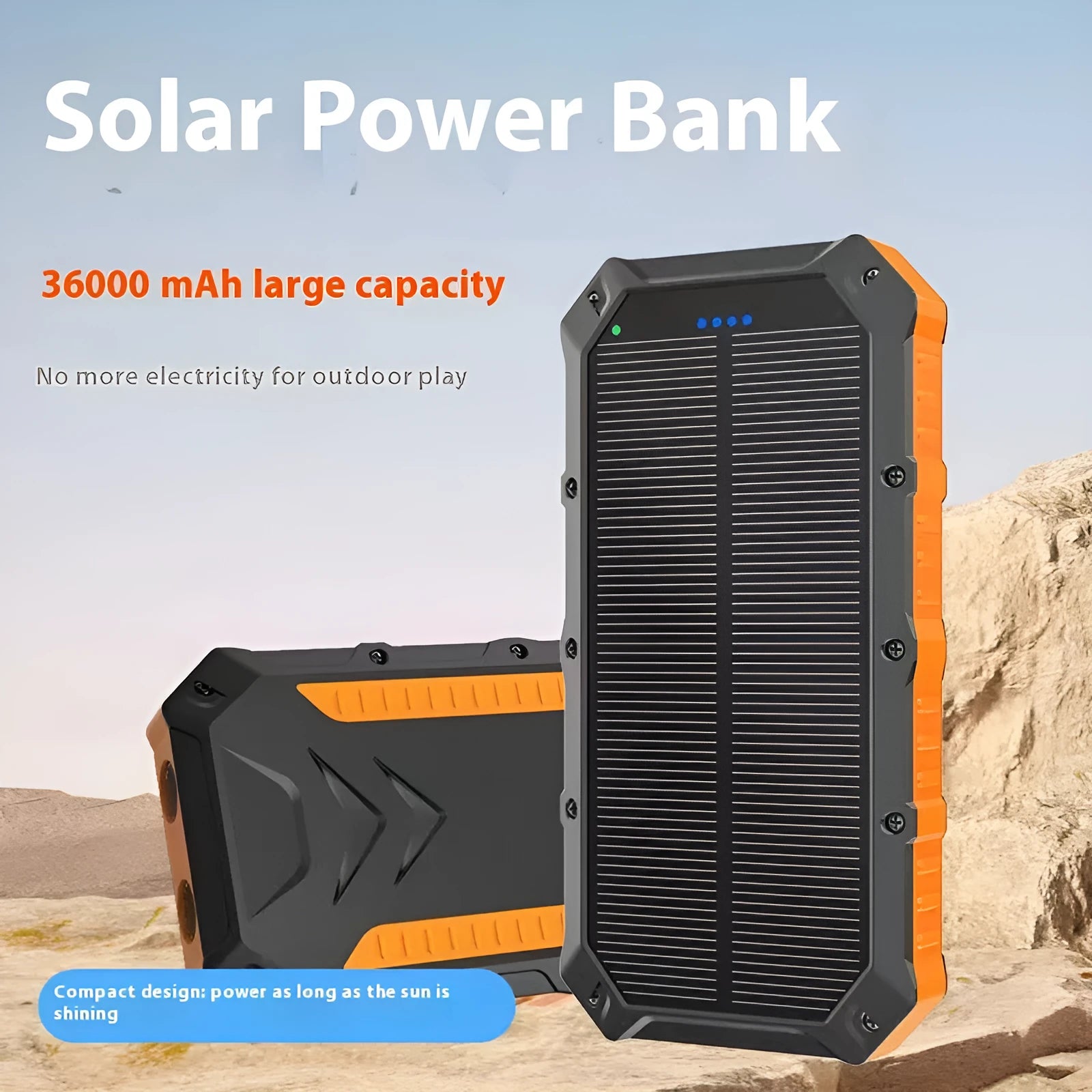Solar charging unit outdoor portable power supply in black, with solar panel and USB ports, 167x85x22mm